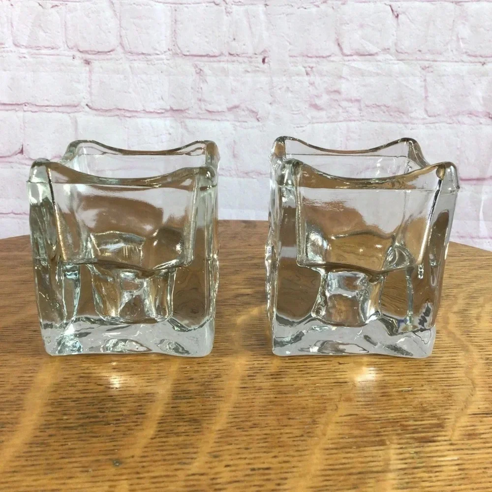 Heavy Clear Glass Square Candle Holder Pair